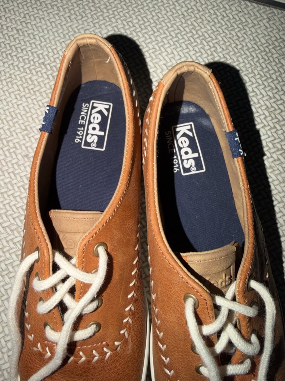 Keds Women's Tan Leather Boat Shoes with White Laces - Picture 2 of 6
